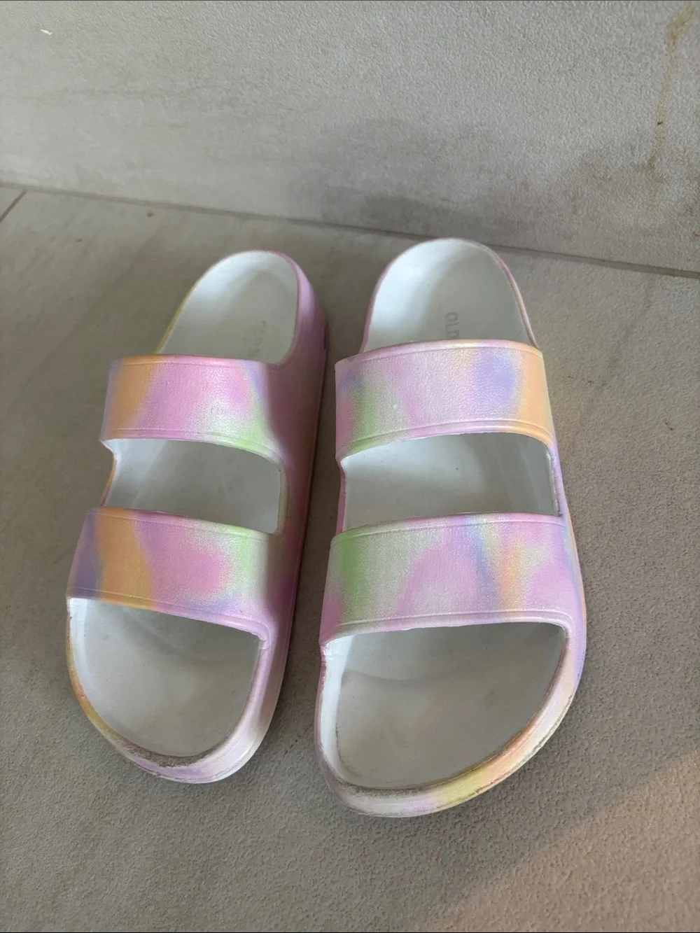 Old Navy Pastel Rainbow Double-Strap Slide Sandals - Pink/Yellow/Green